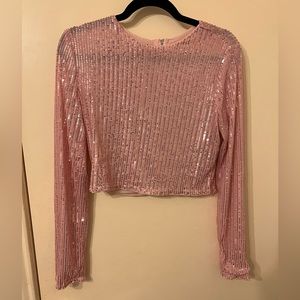 Pink sequin long sleeve crop top party top zipper back closure size large